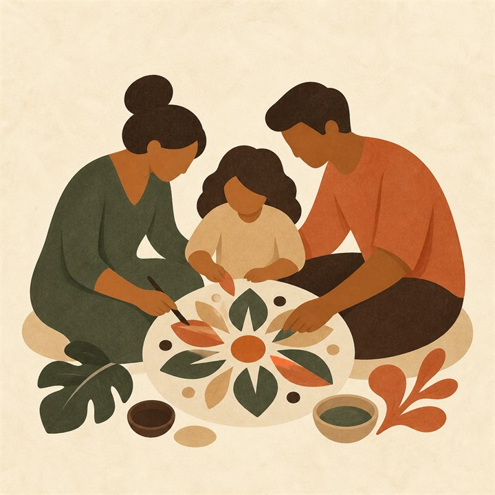 Ilustración de una familia creando arte en conjunto